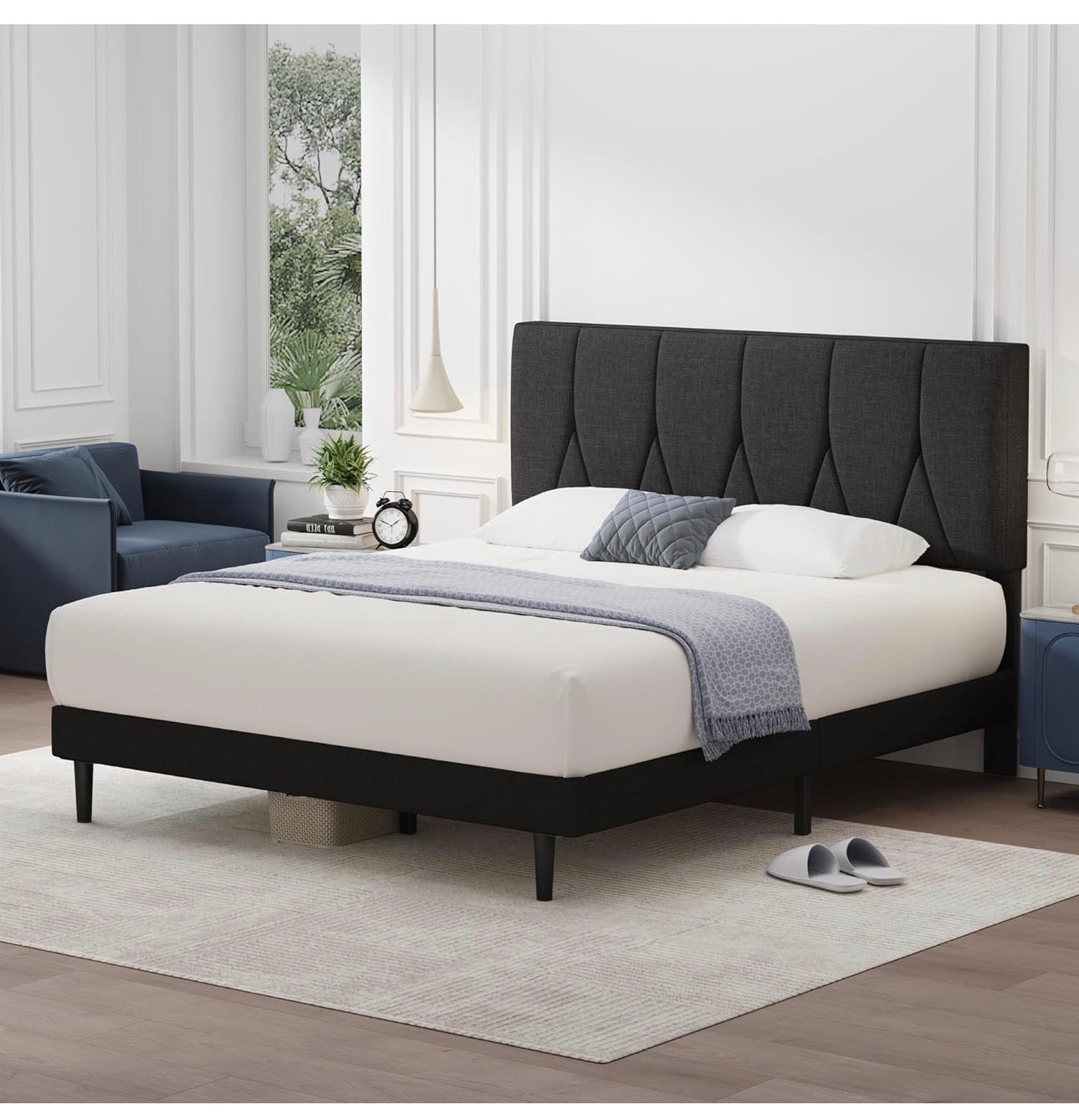 Double Bed Frame, Black, Upholstered Wooden Slat Bed Frame with Headboard