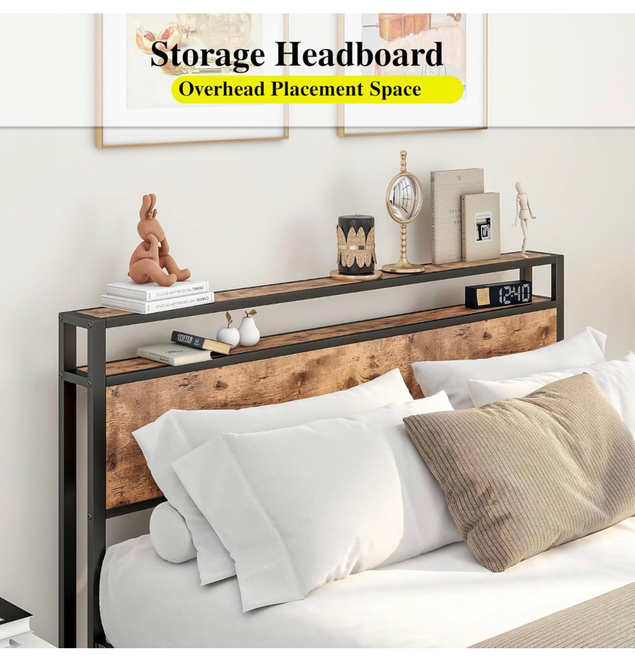 King Size Bed Frame with Storage Wooden Headboard