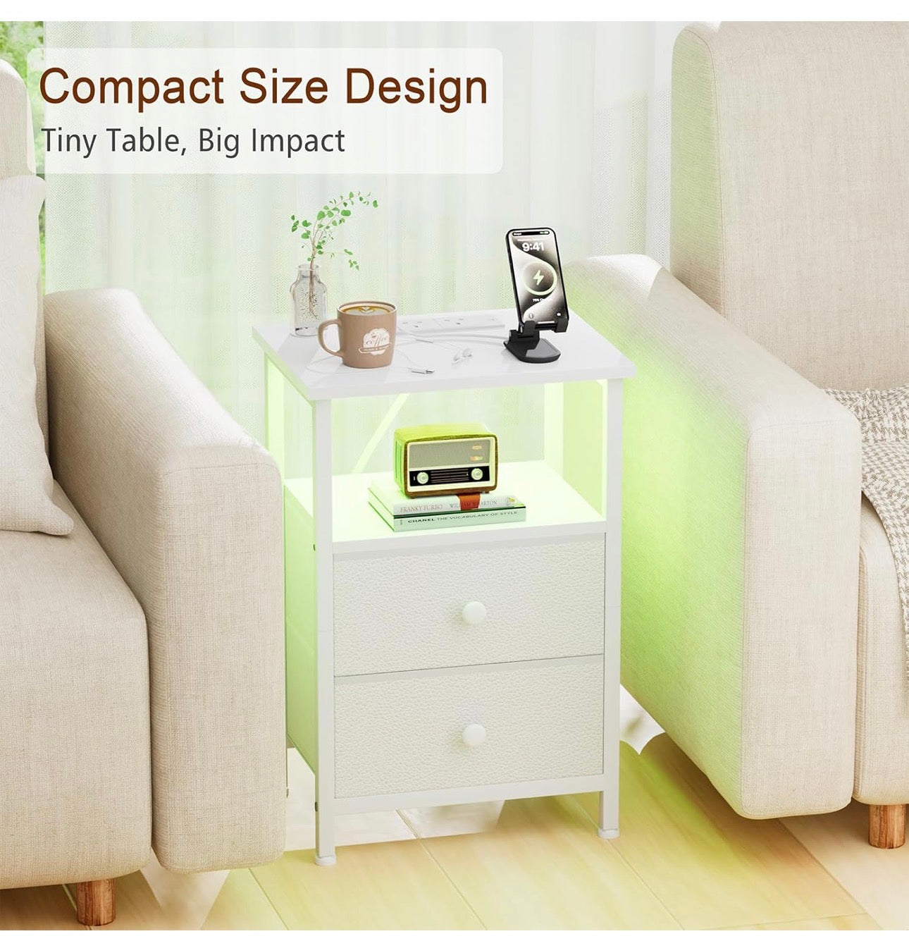 Bedside Table with Charging Station, Side Table with LED Light, Nightstand with 2 Fabric Drawers and Open Storage Shelf, Small Bedside Cabinet for Living Room, Bedroom, White