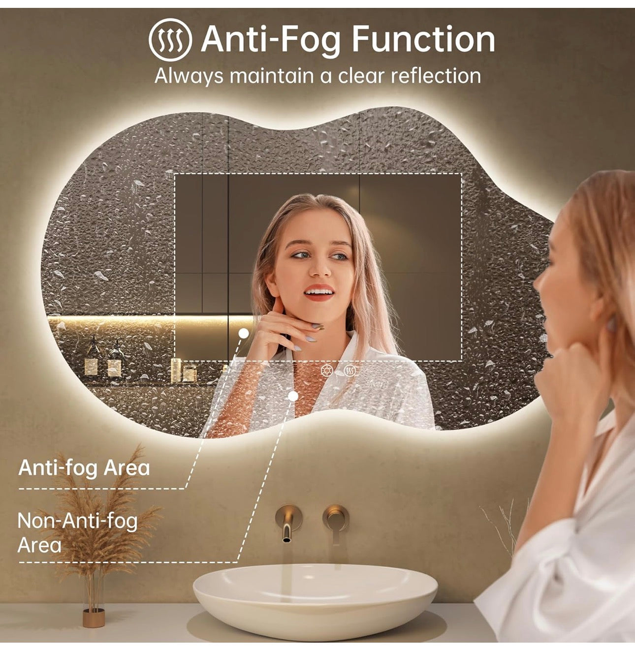 Bathroom Mirror with LED Lights,100X60cm Irregular LED Bathroom Mirror, Anti-Fog, 3 Colour, Dimmable, Vertical/Horizontal