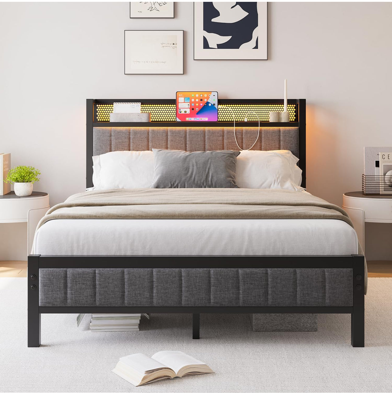 4ft6 Upholstered Bed Frame Double Bed with Charging Station