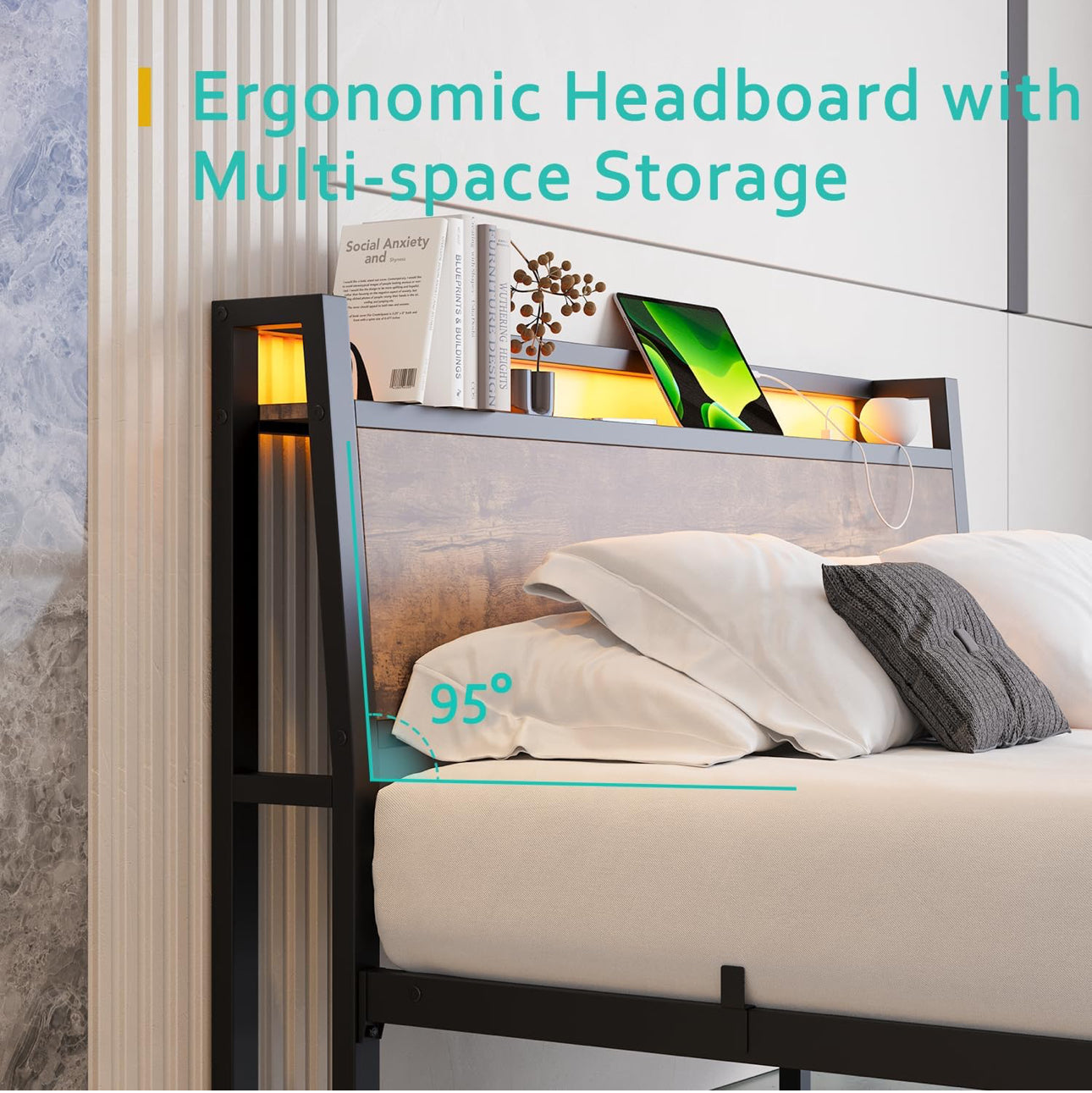 King Size Bed Frame with Charging Station and LED Lights