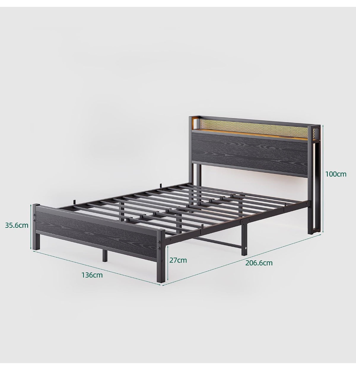 Double Bed Frame with LED Lights Storage Headboard,4ft6 Metal Bed Frame Double Bed with Charging Station,Strong Steel Slats Support,Underbed Storage,Noise Free,Black Bed 135x190cm