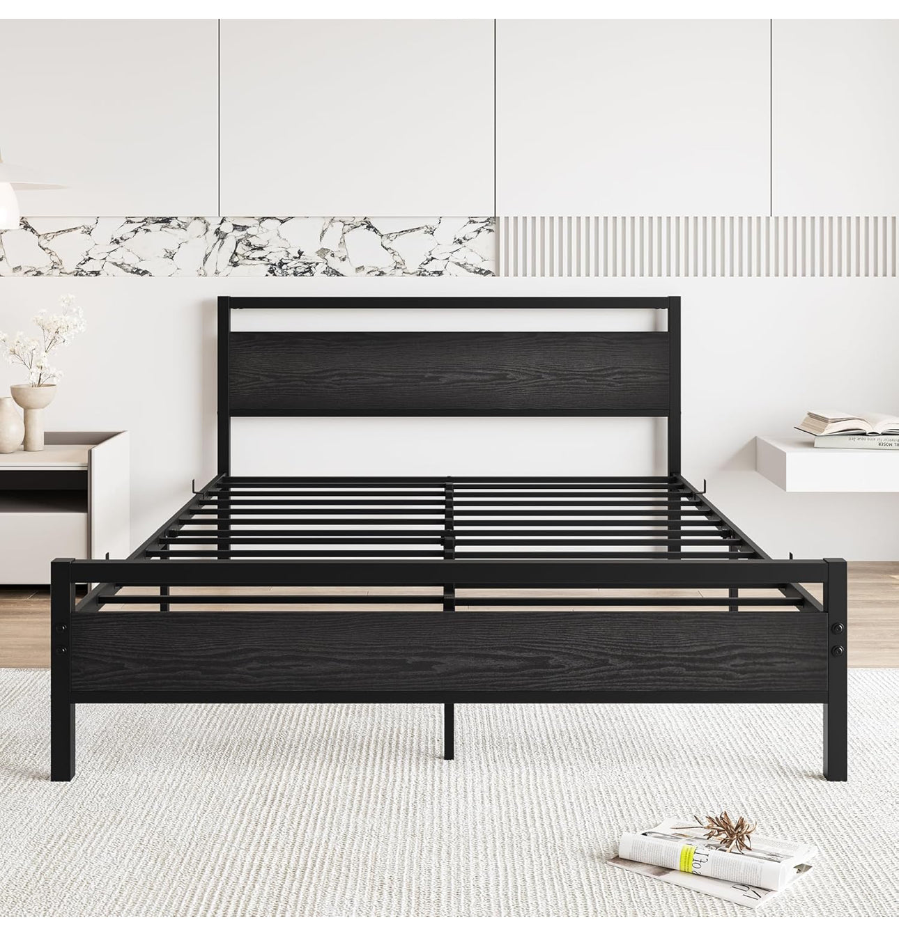 King Size Bed Frame with Wood Headboard,Heavy Duty Metal Platform