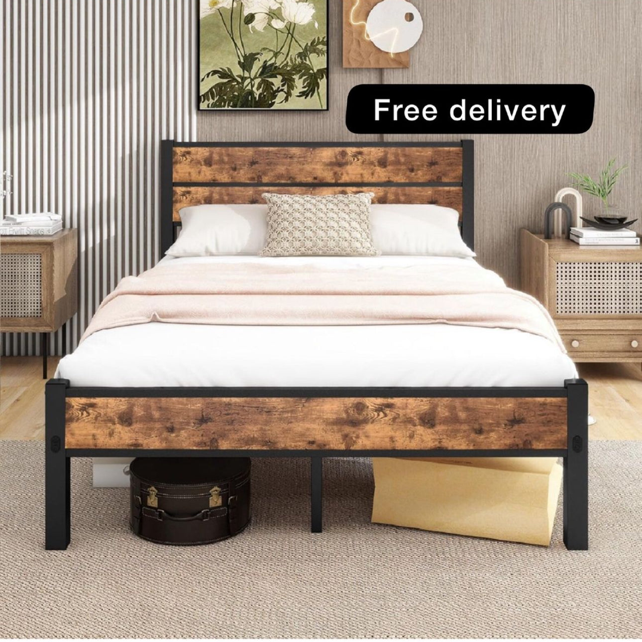 Double Bed Frame with Wooden Headboard and Footboard