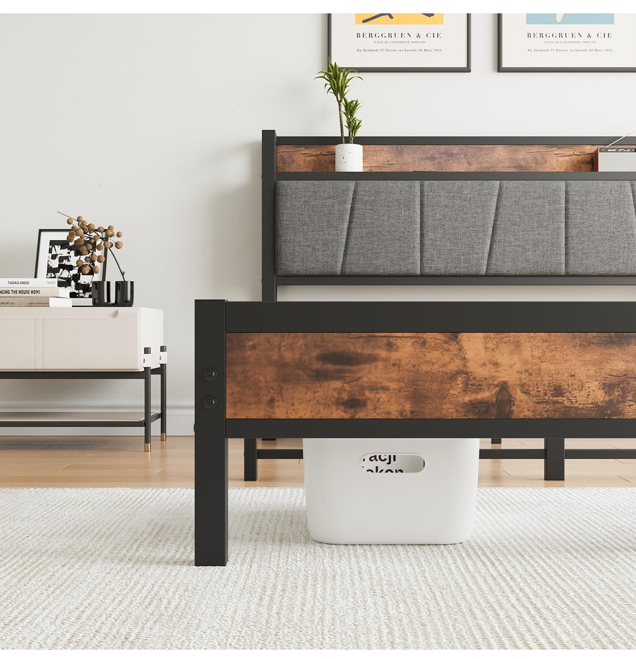 King Size Bed Frame with Storage,5ft Metal Platform Bed Frame Kingsize Bed Base with Charging Station