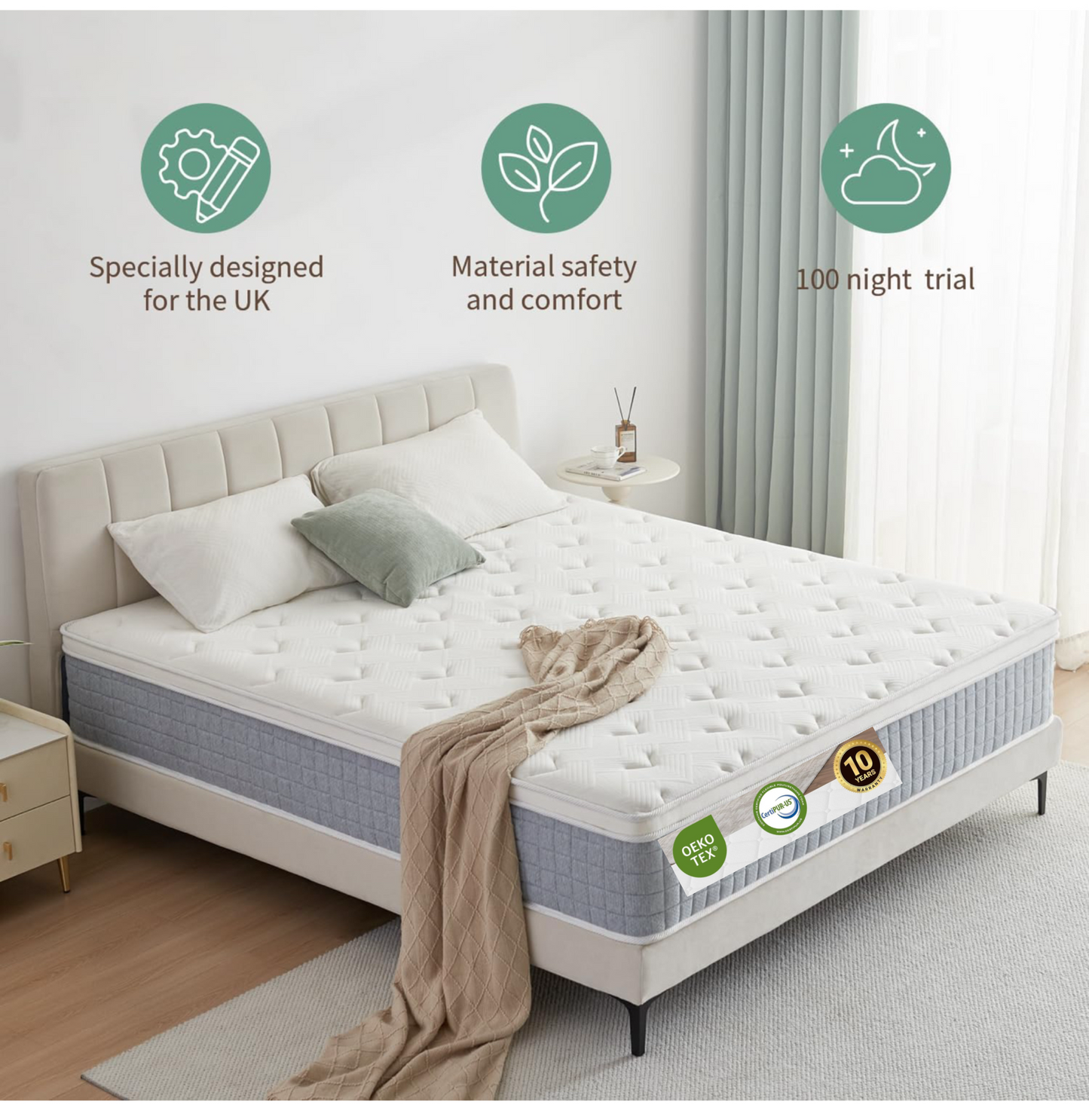 King Size Mattress, Orthopaedic Memory Foam Hybrid Medium Firm Mattress with 7-Zone Pocket Spring for Pressure Relief, 10.2 Inch