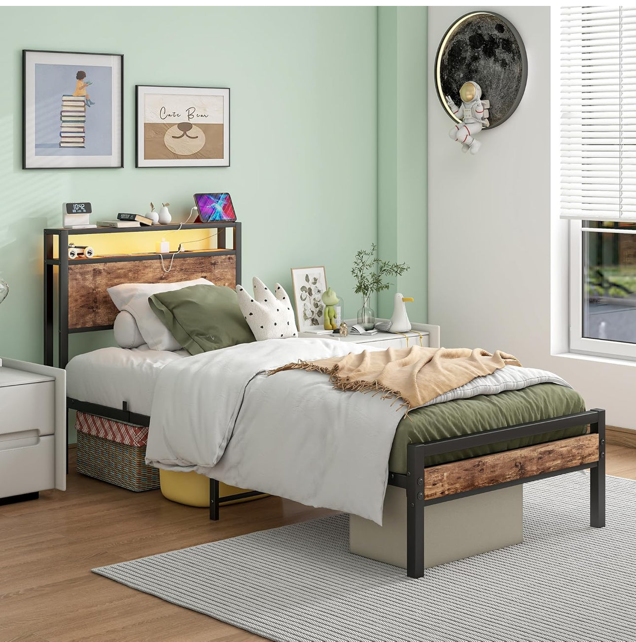 Single Bed Frame with Storage Shelf Headboard &amp; LED Lights,Metal Platform Bed Frame with Charging Station