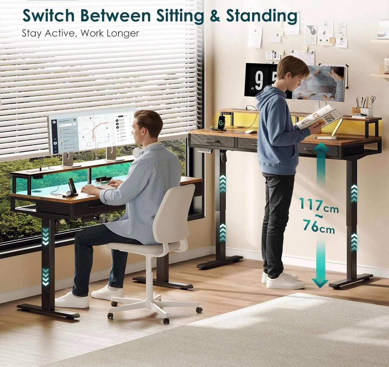 Standing Desk with 3 Storage Drawers, 120cm Height Adjustable Desk
Electric Sit Stand Table with Monitor Stand, LED Lights, Power Outlet, Space Saving for Small Home Office Living Room, Brown