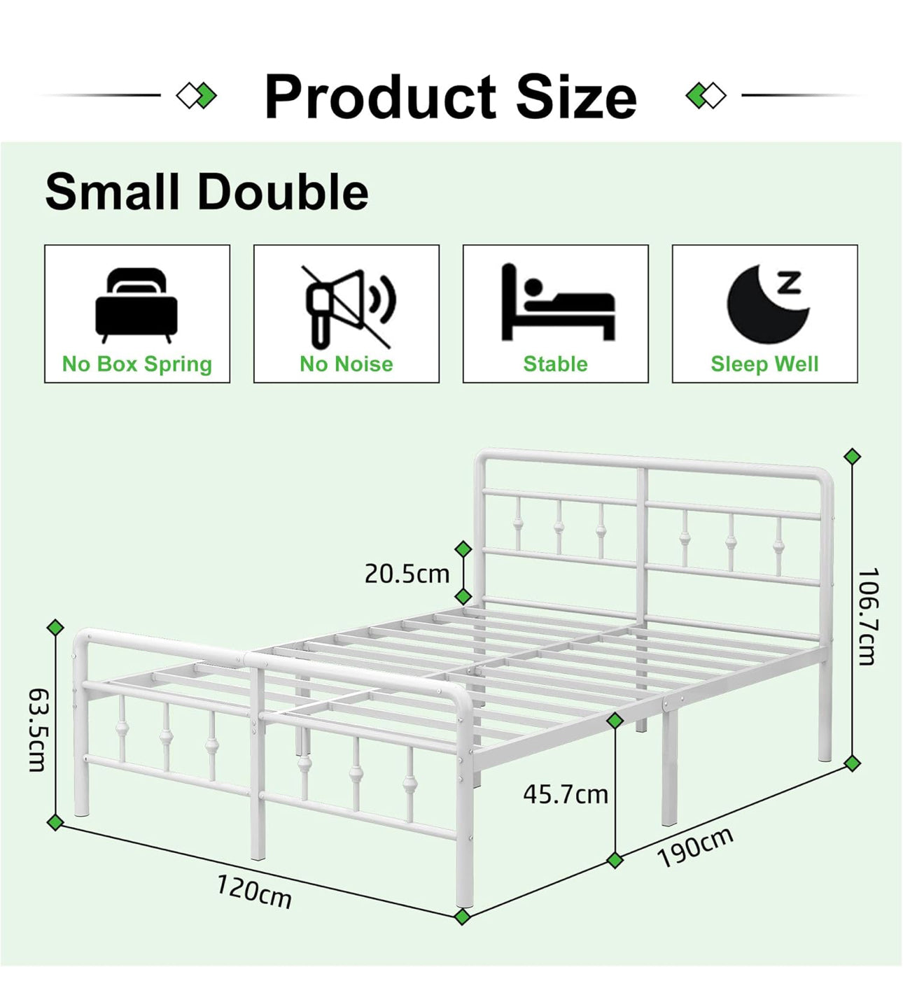 Small Double Bed Frame with Headboard and Footboard 120x190cm,46 cm High