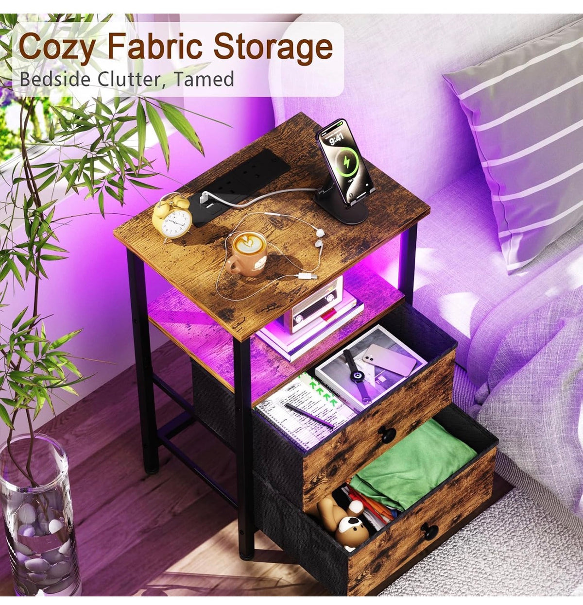 Bedside Tables Set of 2, Side Table with Charging Station
Bed Side Tables with LED Light, Nightstand with 2 Fabric Drawers and Open Storage Shelf, Bedside Cabinets for Bedroom, Brown