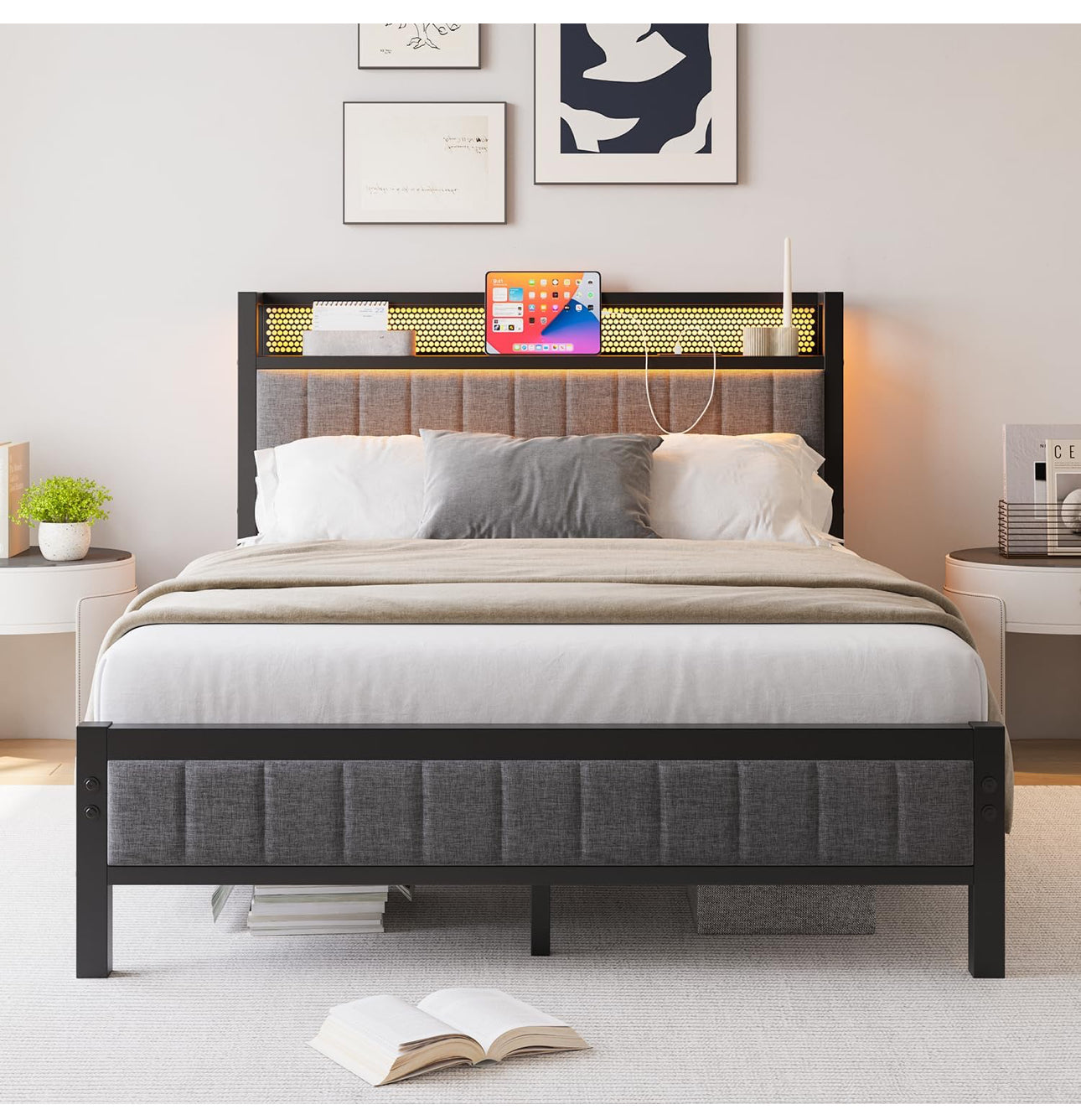 Upholstered Bed Frame Double Bed with Charging Station