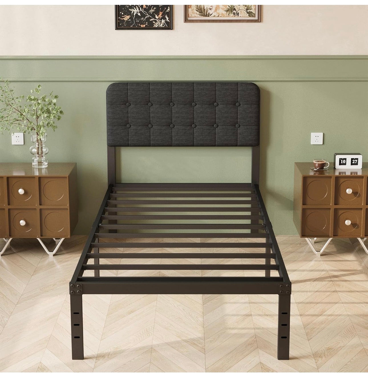 3ft Single Bed Frame with Upholstered Headboard and Footboard, 36cm High Metal Bed Frame Single 90x 190cm