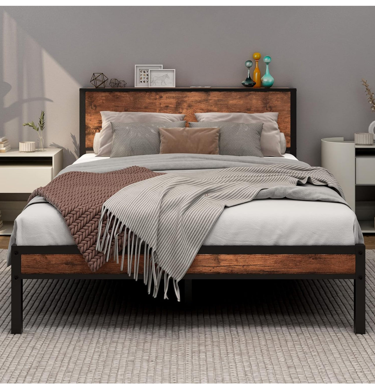 Double Bed Frame with Wooden Storage Shelf Headboa