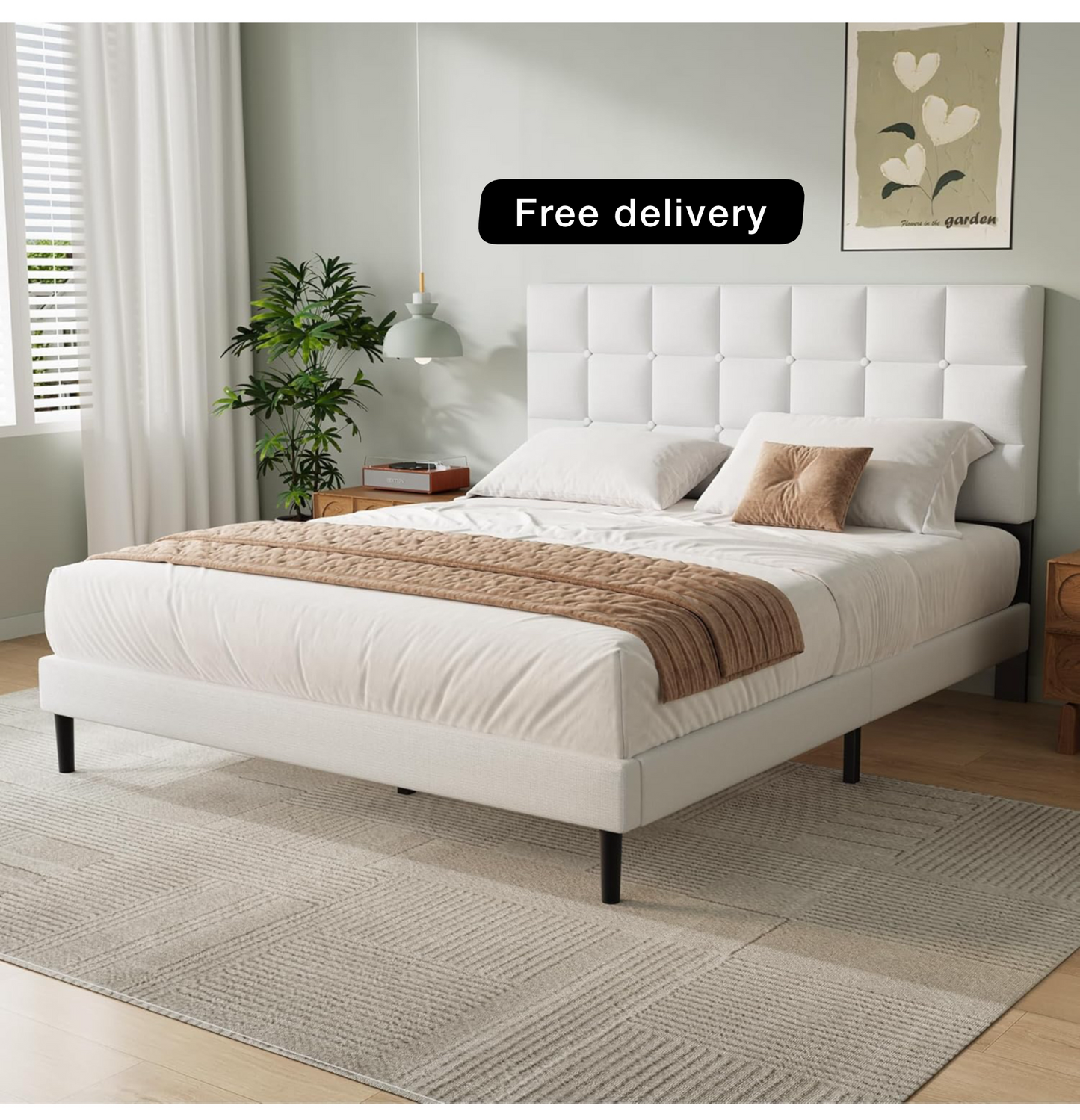 King Bed Frame, Easy Assembly, Sturdy Wooden Slat Support, Upholstered Platform with Headboard