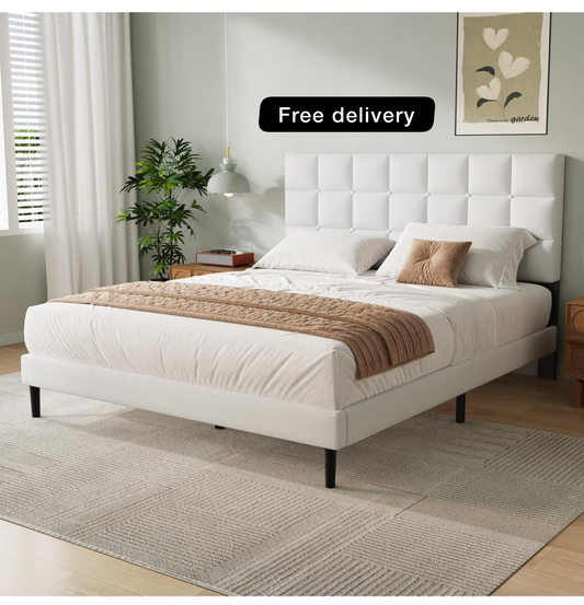 King Bed Frame, Easy Assembly, Sturdy Wooden Slat Support, Upholstered Platform with Headboard