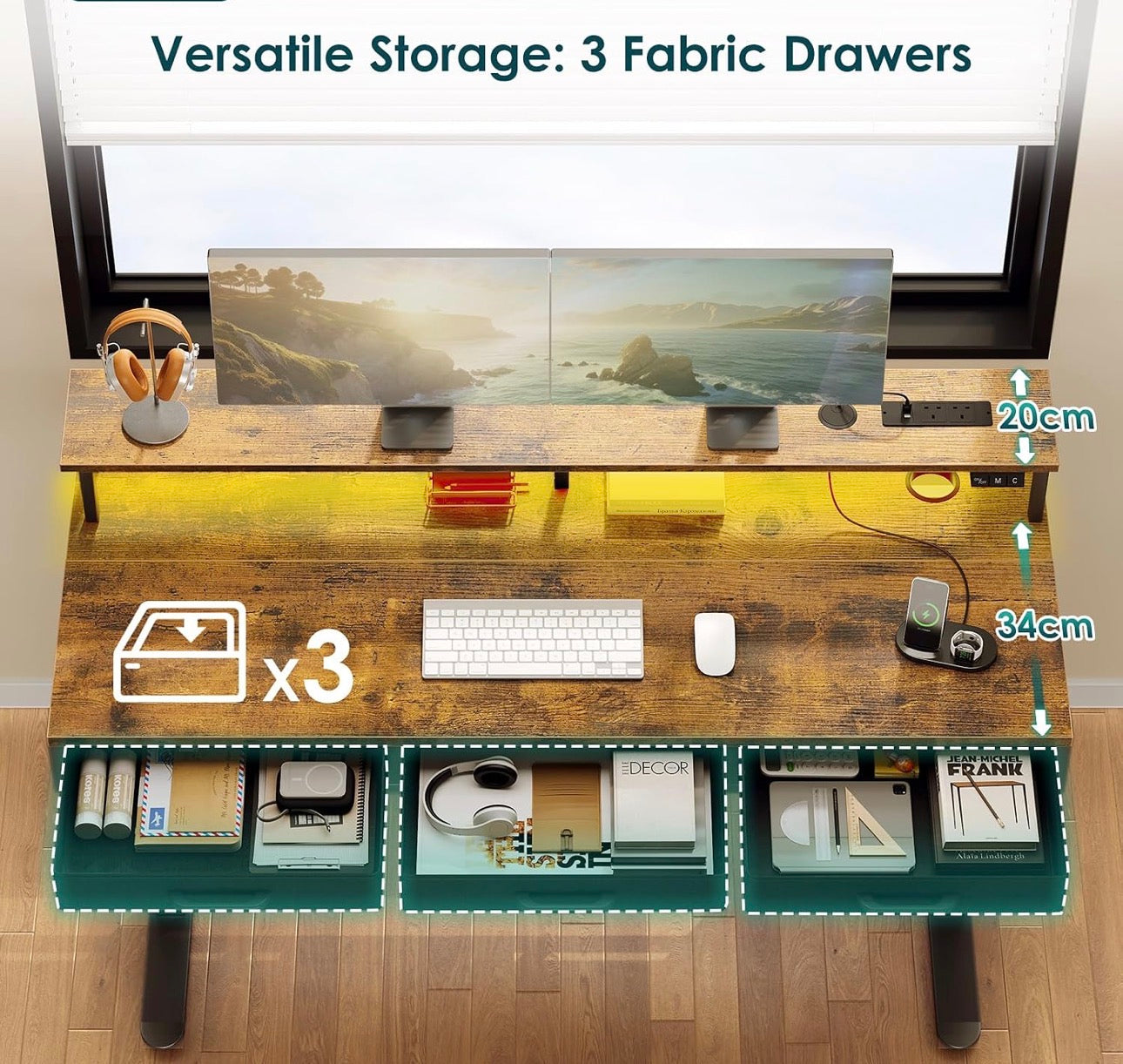 Standing Desk with 3 Storage Drawers, 120cm Height Adjustable Desk
Electric Sit Stand Table with Monitor Stand, LED Lights, Power Outlet, Space Saving for Small Home Office Living Room, Brown