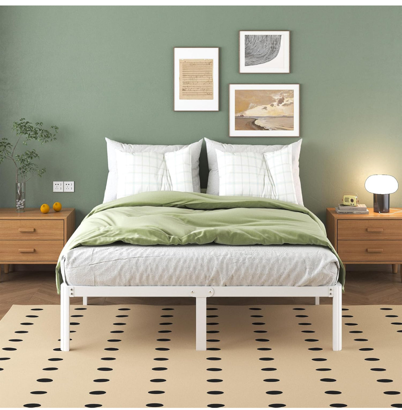 White Double Bed Frame 30.5 cm High with Rounded Corner Legs, 4ft 6 Heavy Duty Metal Bed Frame