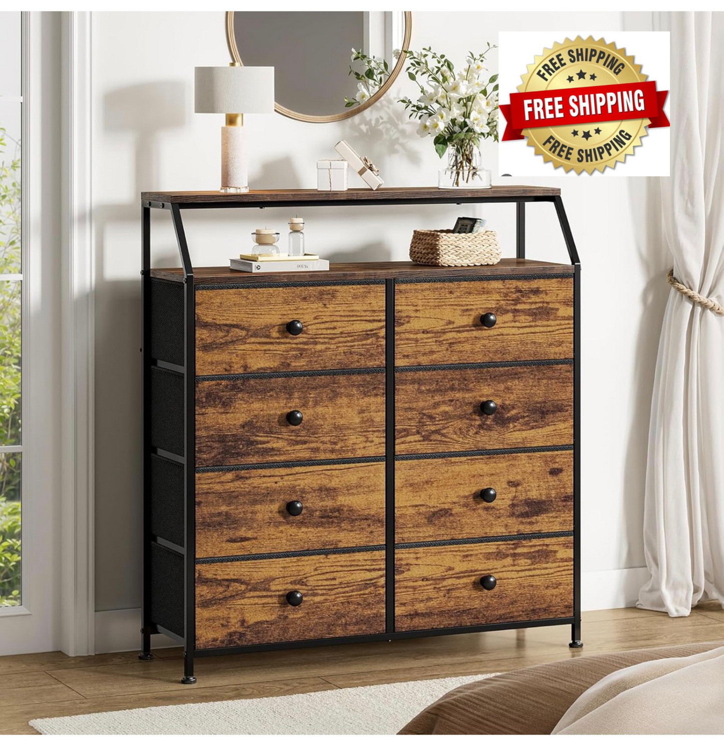 Chest of Drawers with 8 Drawers, Rustic Brown Dresser for Bedroom with Shelf and 2Pcs Wooden Top, Large Storage Organizer Unit for Closet, Living Room, Entryway