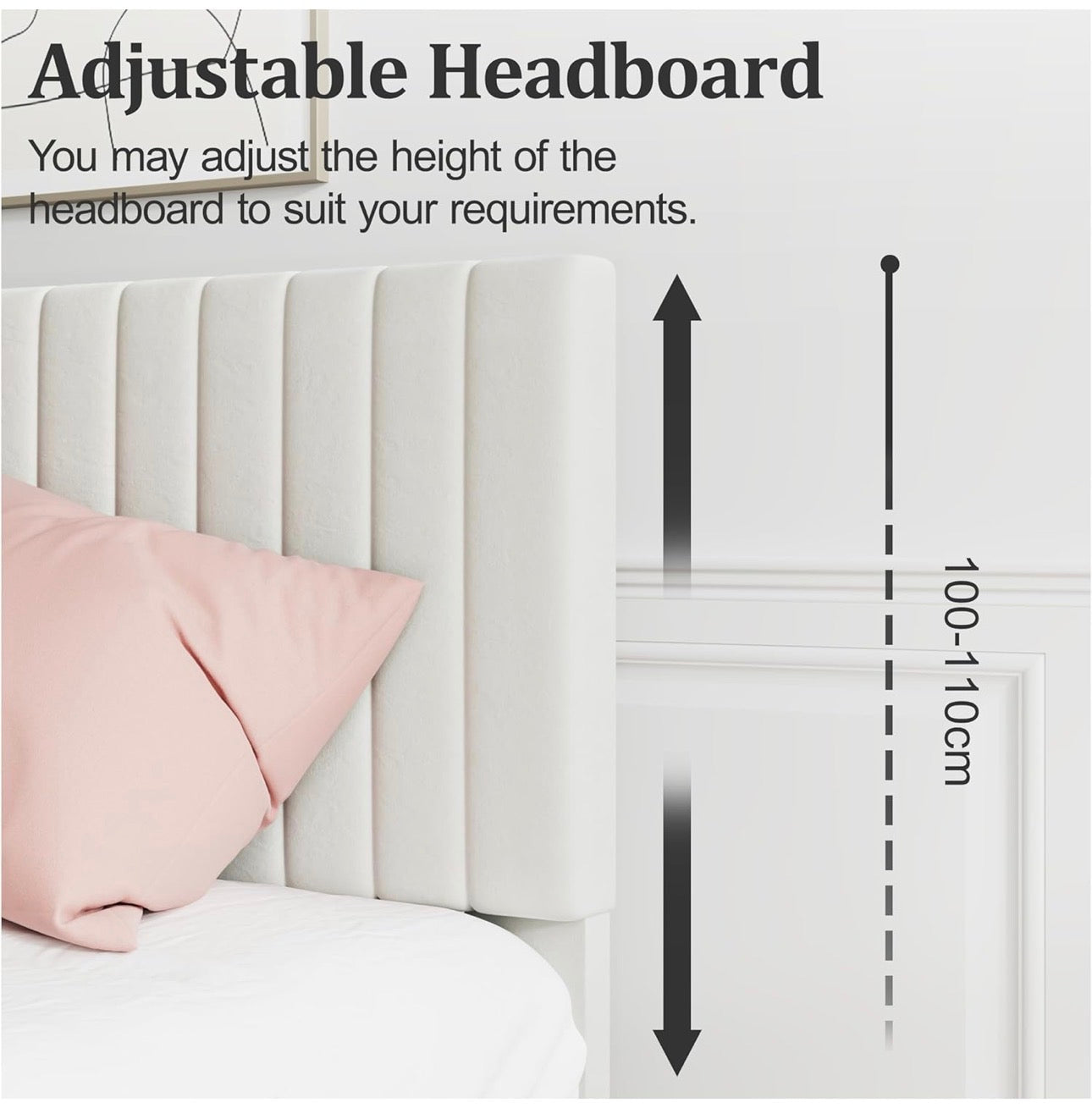 4ft6 Double Bed Frame, Upholstered Platform Bed with Adjustable Velvet Headboard, Sturdy Wooden Slats, Silent Design, No Spring Mattress Required, Easy Assembly （Beige,Double）