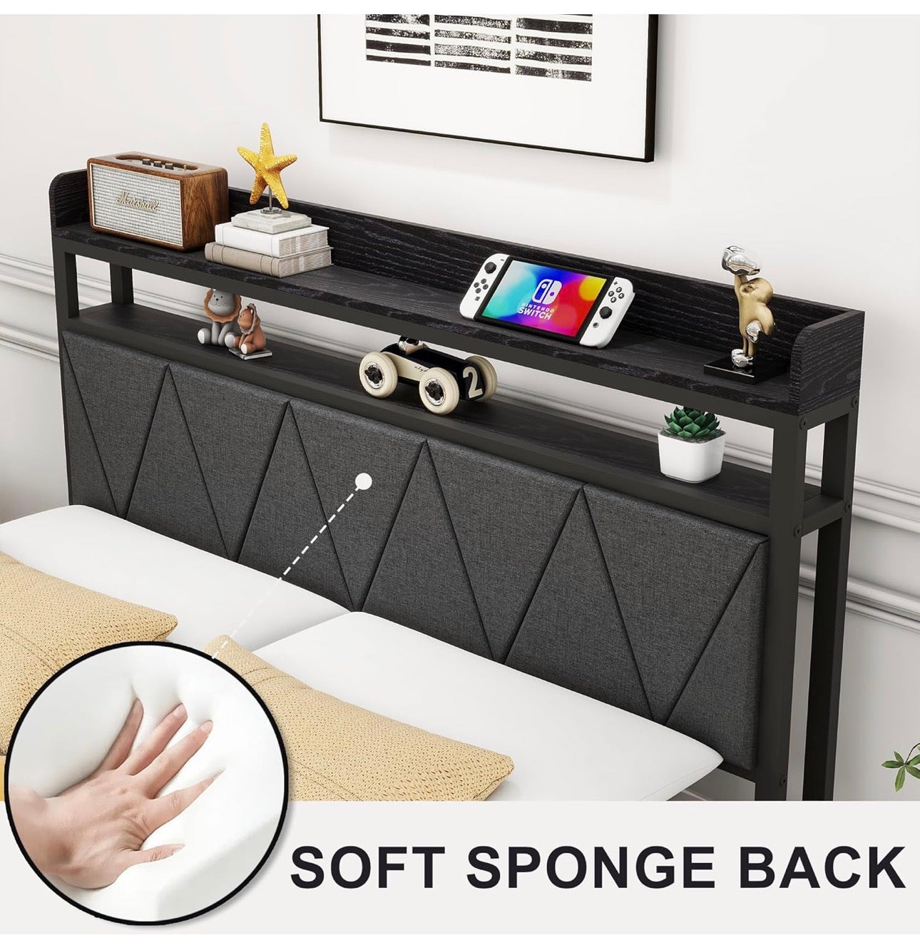 3ft Single Bed Frame with LED Lights Storage Upholstered Headboard and Charging Station