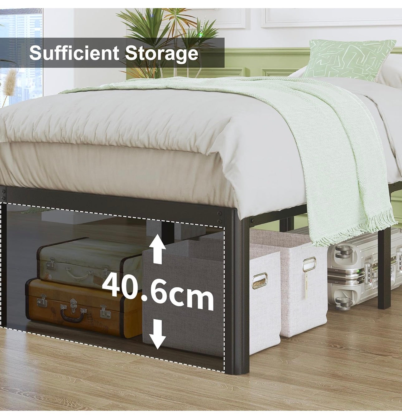 Teen 3ft High Single Bed Frames with Rounded Corner Legs, Heavy Duty White Metal Bed Frame Single with Steel Slats Support, Single Bed 46 cm High, Noise Free, Easy Assembly