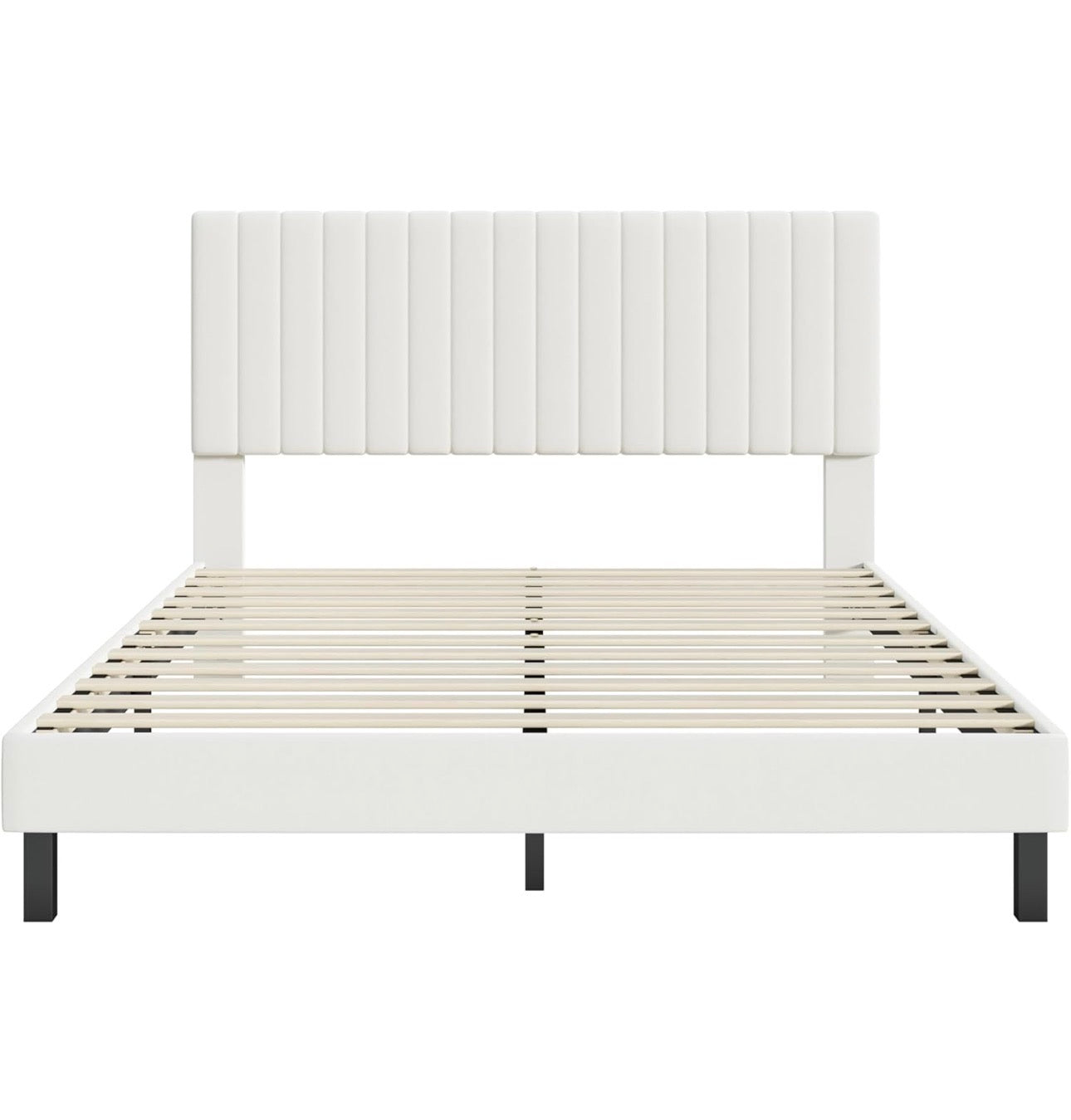 4ft6 Double Bed Frame, Upholstered Platform Bed with Adjustable Velvet Headboard, Sturdy Wooden Slats, Silent Design, No Spring Mattress Required, Easy Assembly （Beige,Double）