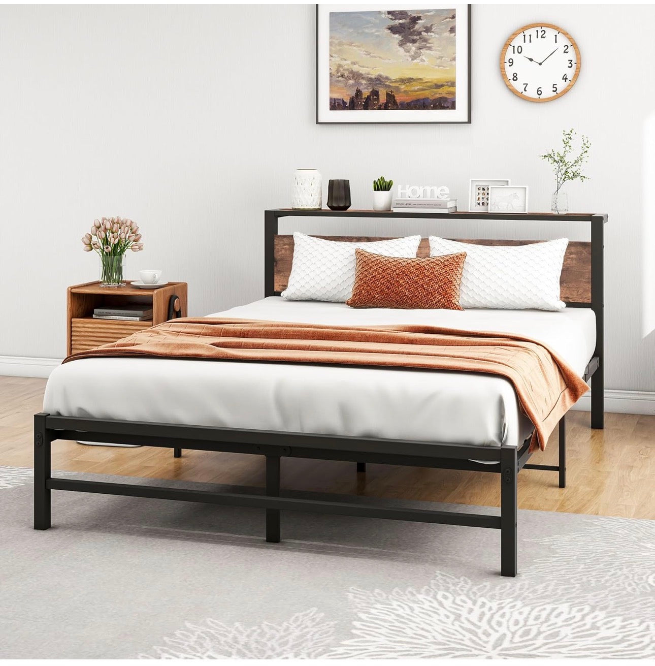 5ft King Metal Platform Bed Frame with Wooden Storage Shelf Headboard, 150x200 cm