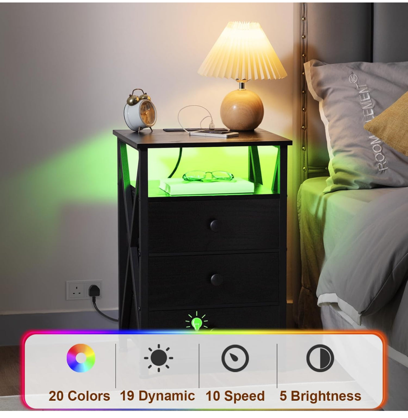 Bedside Table Set of 2 with Charging Station Black