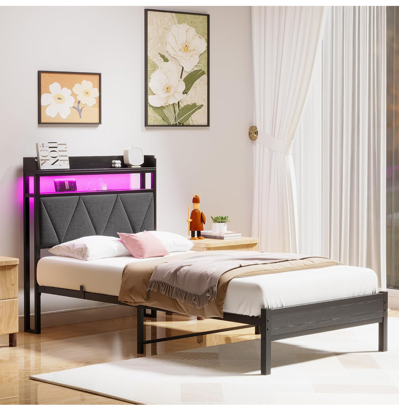 Single Bed Frames with 3ft Upholstered Wooden Two shelf Storage Headboard, Charging Station,LED Lights