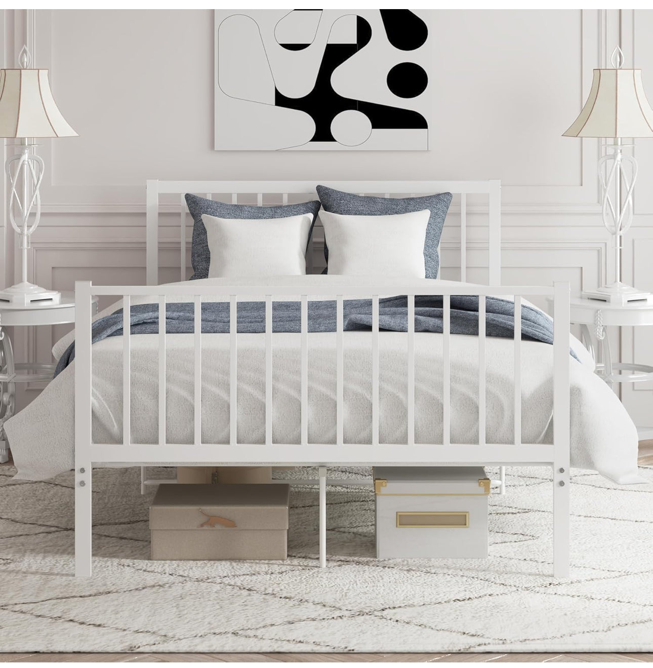 Small Double Metal Bed Frame 4ft6 Modern Style Bed Frame with Headboard and Footboard