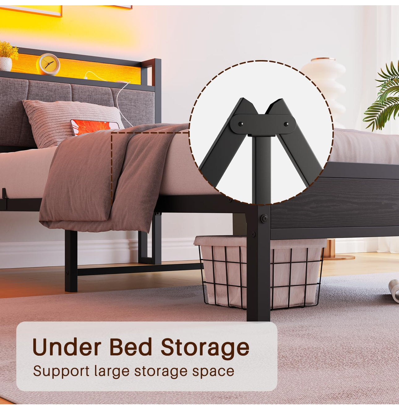 3ft Single Bed Frame with Storage Headboard,LED Lights,Metal Upholstered Platform Bed Frame with Charging Station