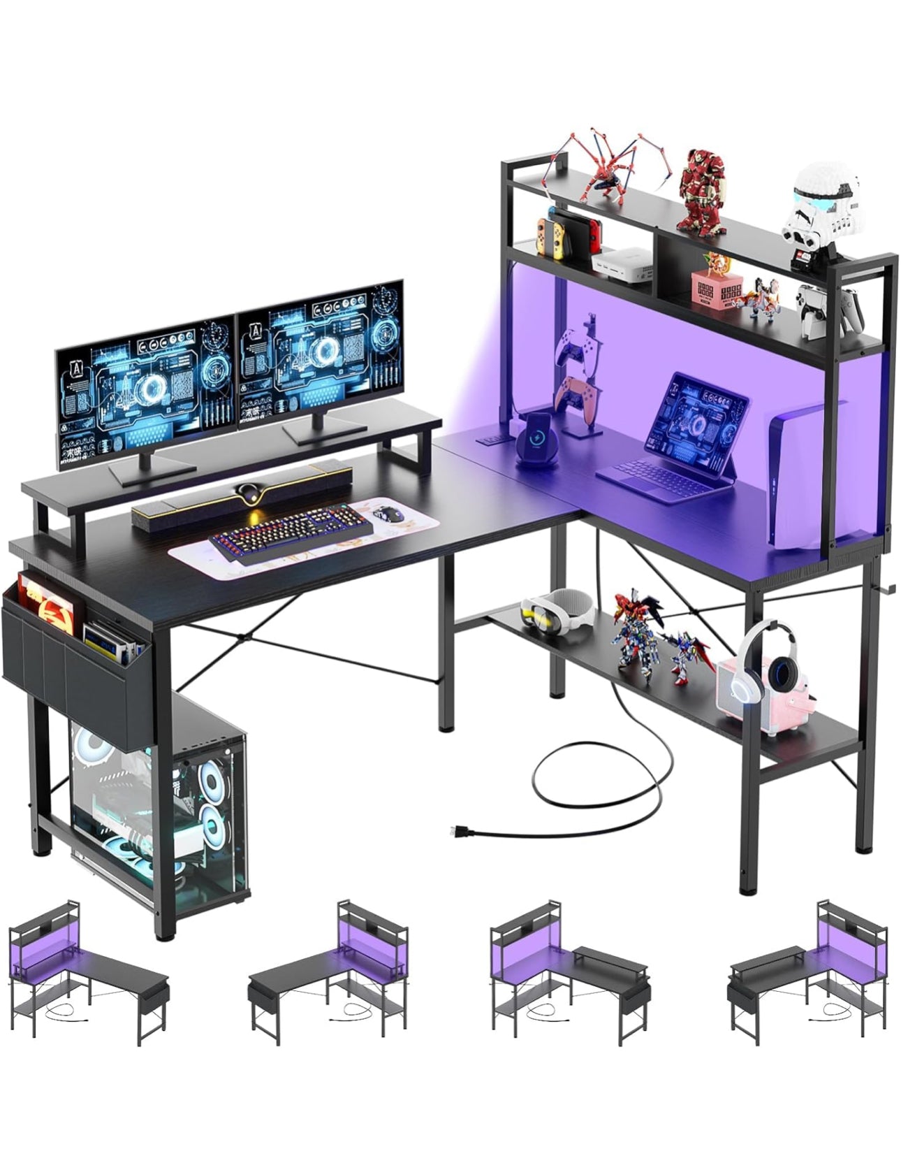 L Shaped Gaming Desk with Power Outlets & LED Lights