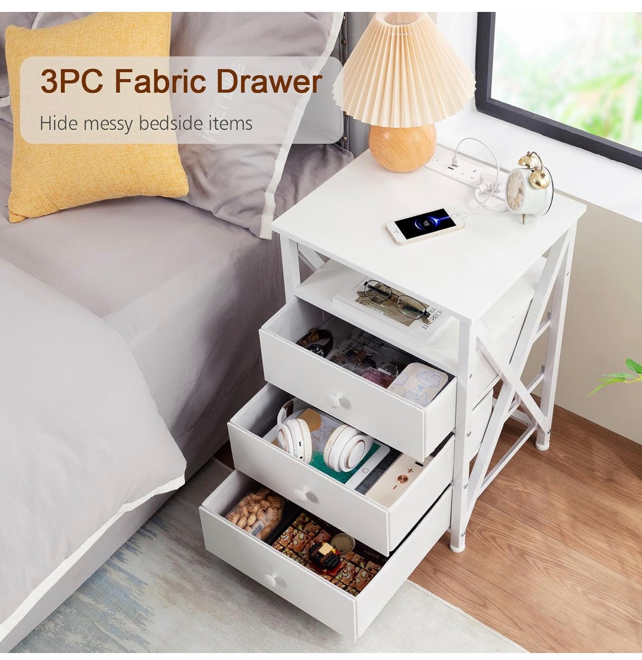 Bedside Table Set of 2 with Charging Station, Side Table with Led Lights, Bedside Cabinet with 3 Fabric Storage Drawers, End Table, Sofa Side Table, Nightstand for Living Room