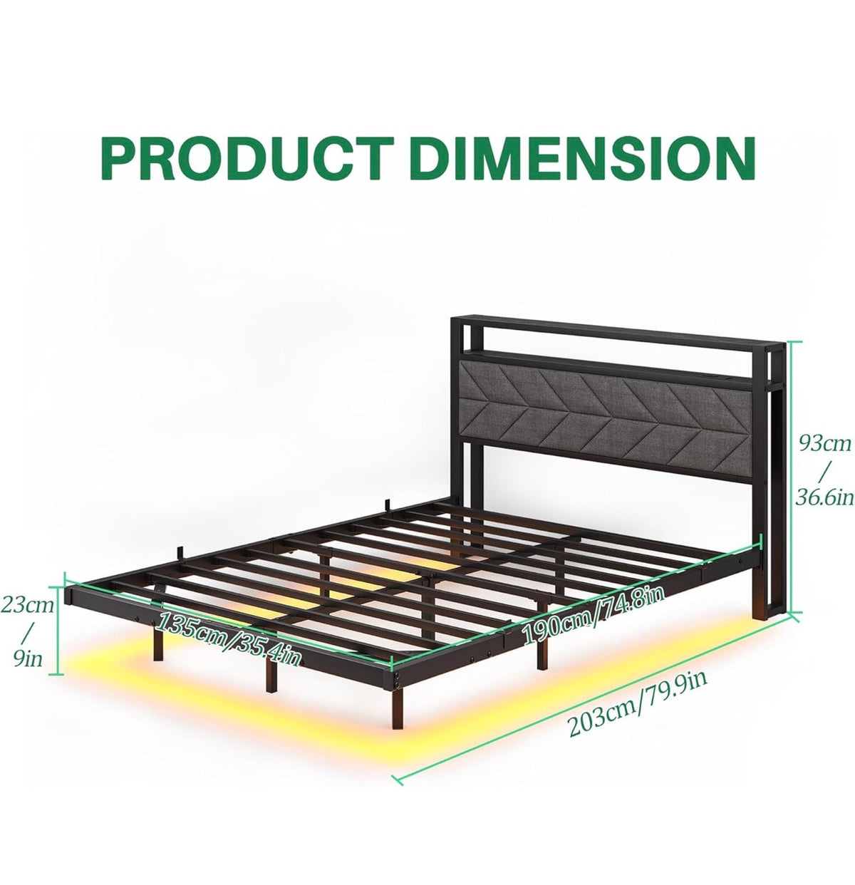 4ft6 Upholstered Floating Double Bed Frame Black, Storage Headboard
Metal Bed Frame with LED Lights and Charging Station, Heavy Duty Metal Slat Support, Noise Free, No Box Spring Needed