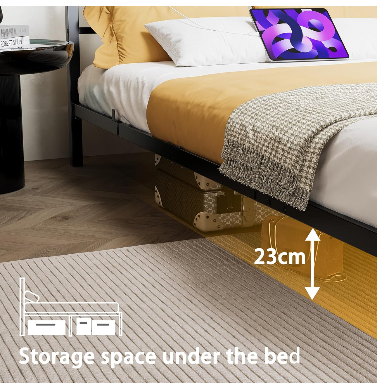 Double Floating Bed Frame with LED Lights and Charging Station