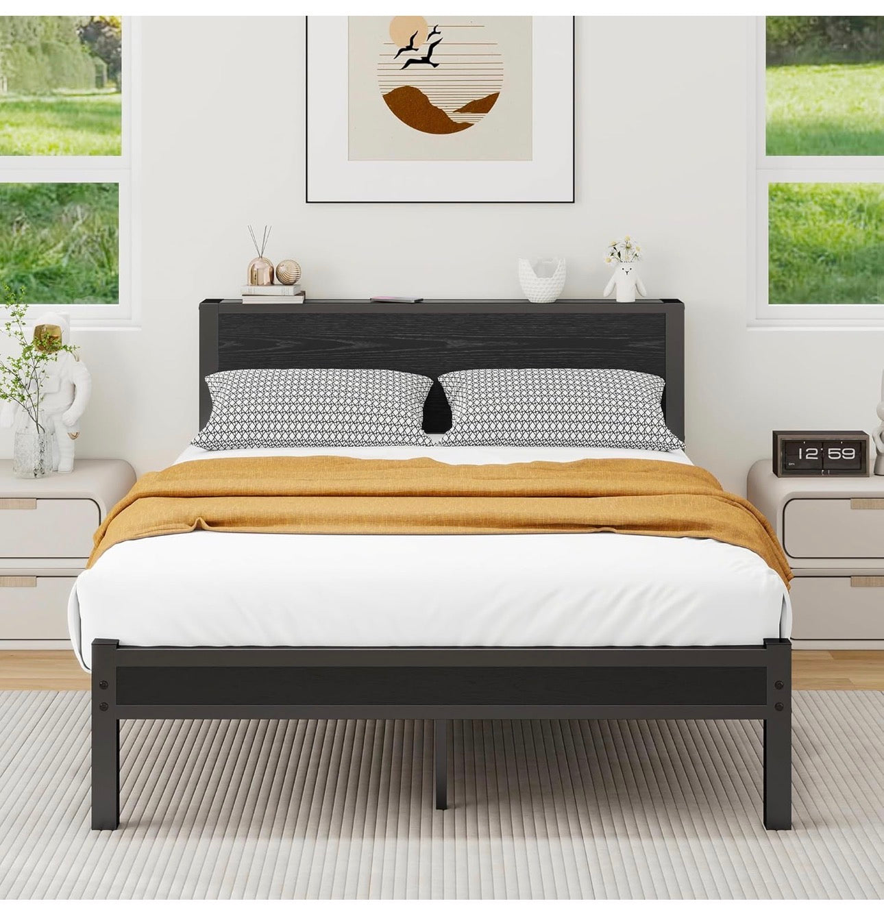 Double Bed Frame with Wooden Storage Shelf Headboard