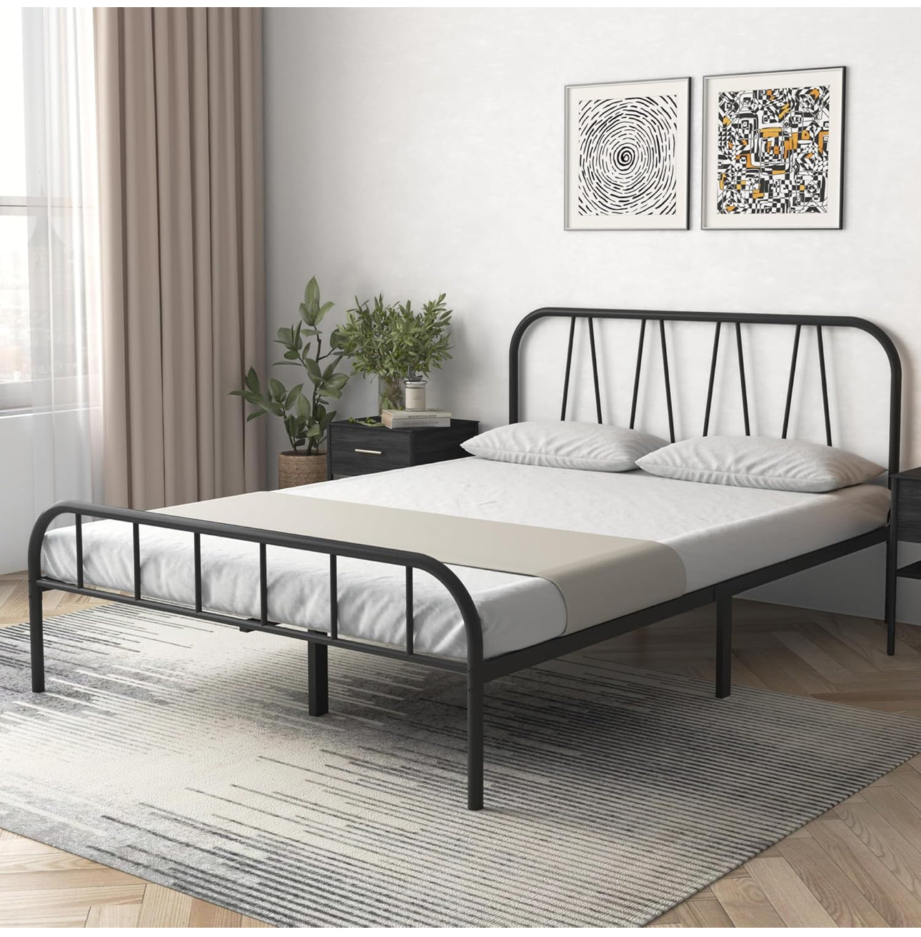 Double Bed Frame, Solid Metal Bed Frame, Modern Platform Bed with High Headboard & Footboard