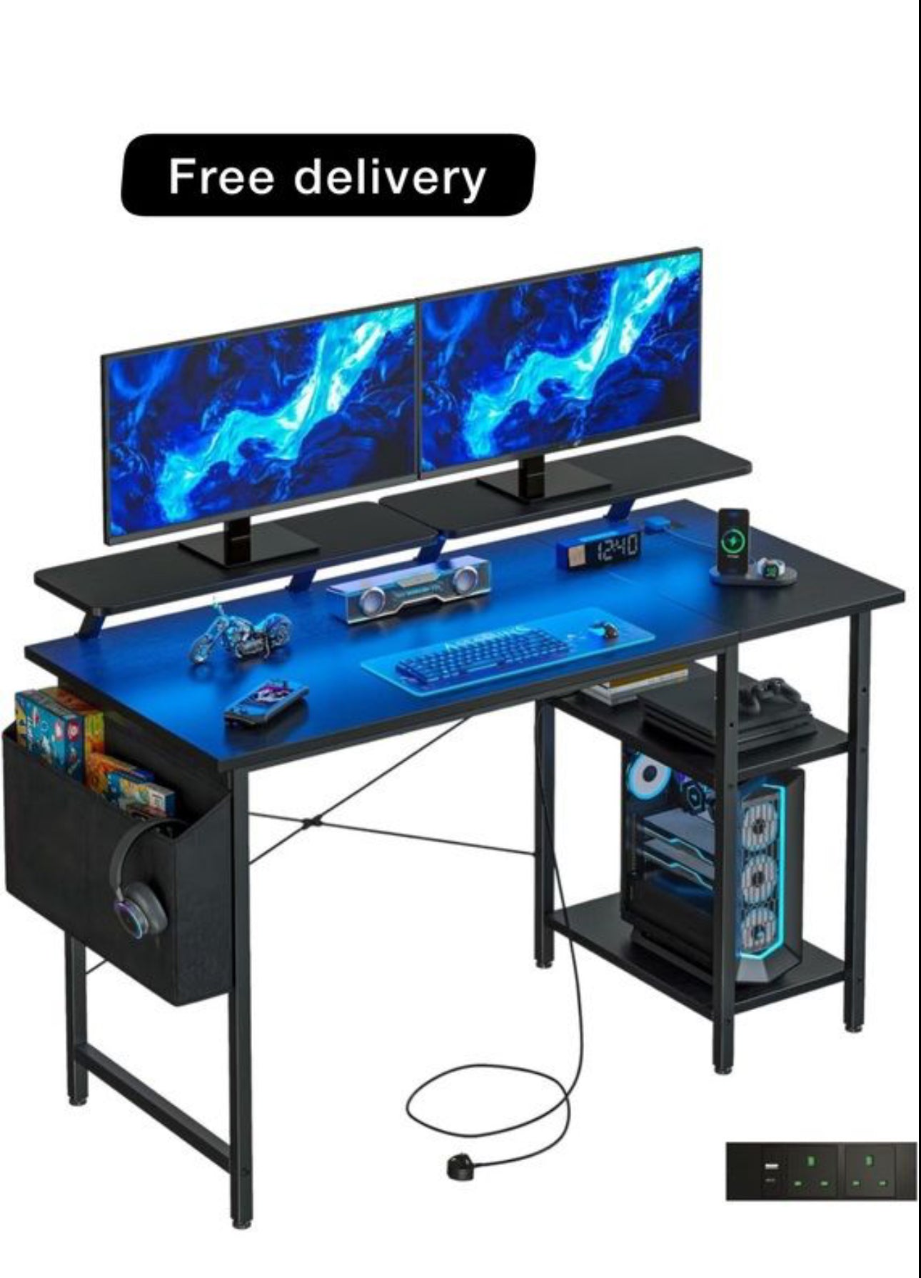 Gaming Desk with LED Lights &amp; Power Outlets Black