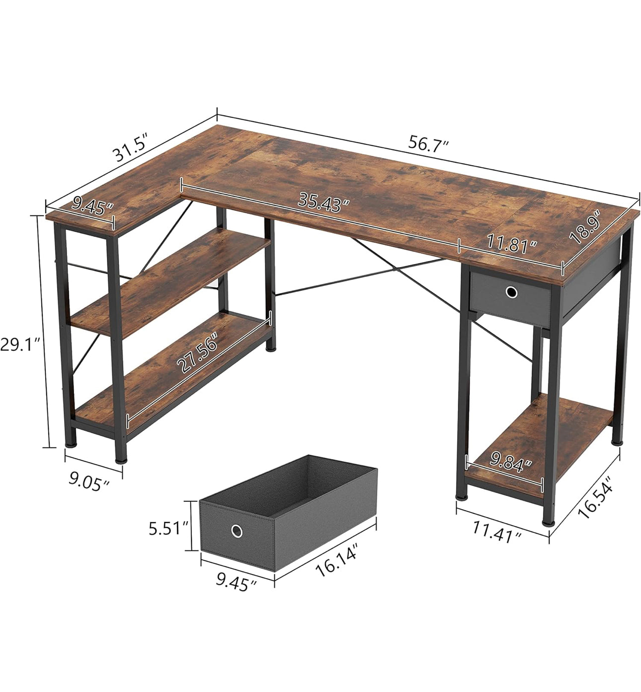 L Shaped Desk with Storage Shelves 56.7"