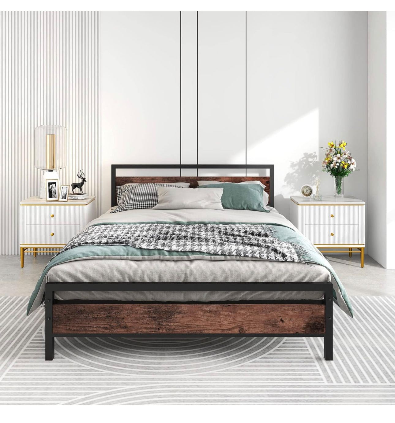 King Size Metal Platform Bed Frame with Wooden Headboard