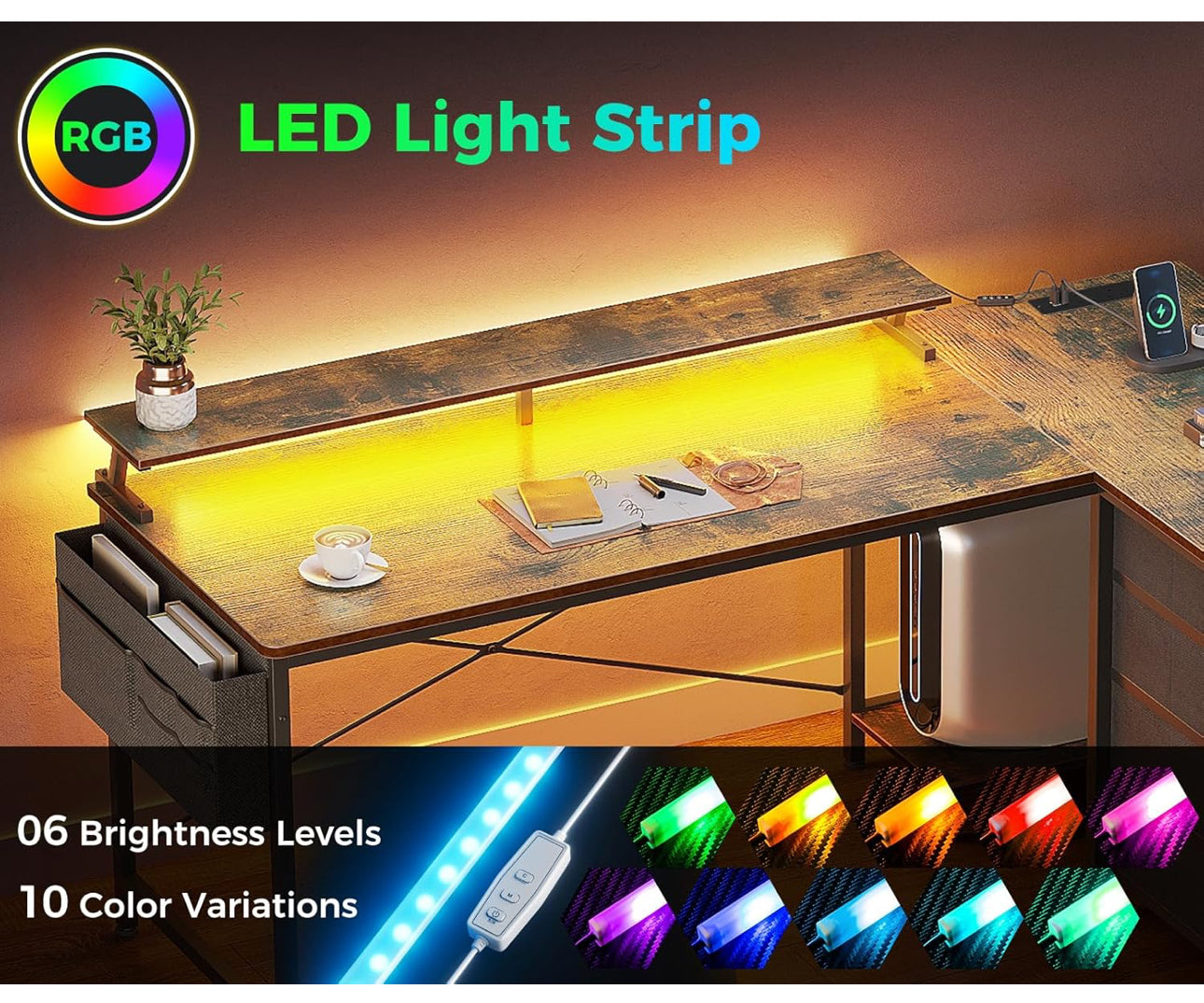 L Shaped Gaming Desk with LED Lights & Power Outlet