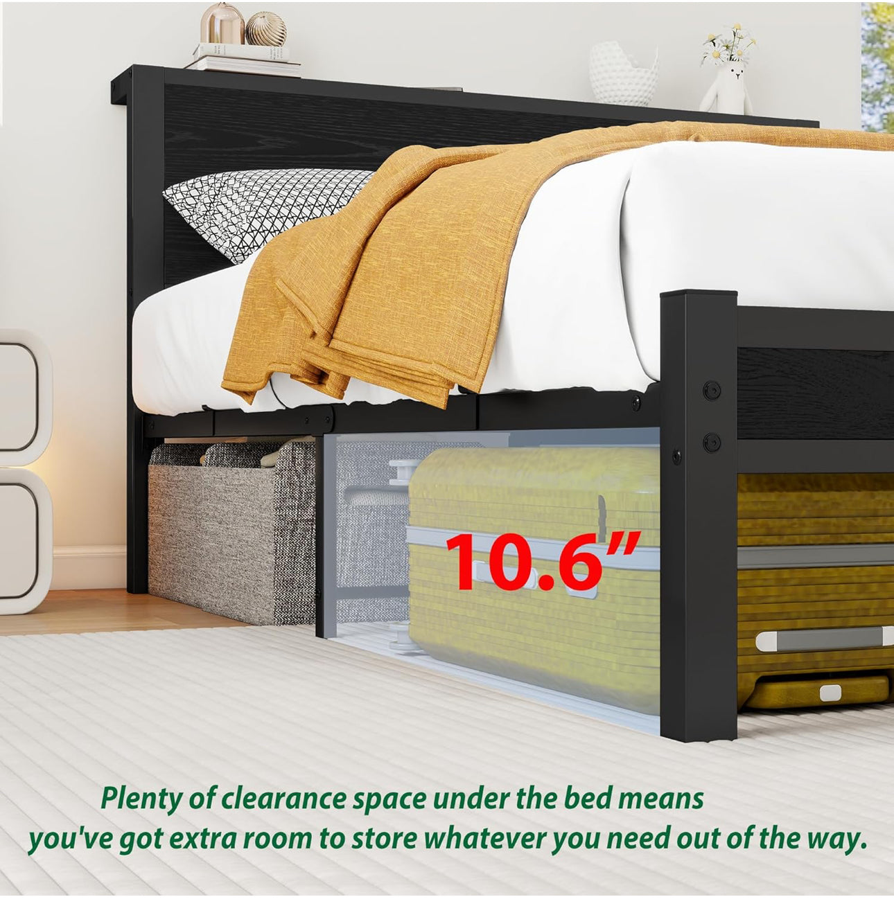 Double Bed Frame with Wooden Storage Shelf Headboard