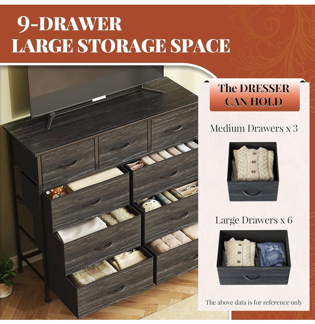 Chest of Drawers,Dresser for Bedroom with 9 Drawers,Fabric Dresser with Wood Top and Handles Metal Frame, Easy to Assemble, for Bedroom, Living room, Charcoal Black