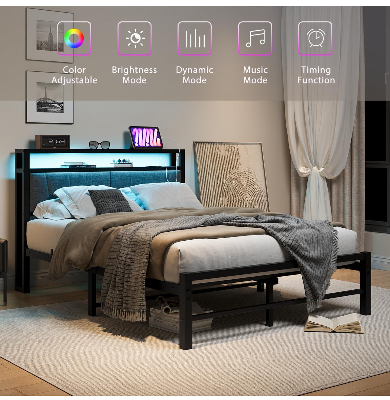 Double Bed Frame with Storage and LED Lights