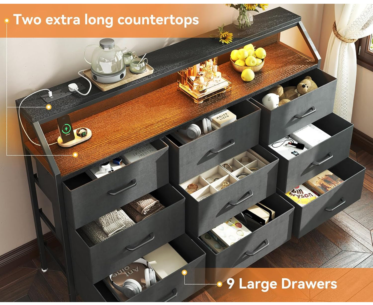 Black Chest of Drawers Bedroom with 9 Fabric Drawers, Storage Dresser with 2 Sockets 2 USB Ports and LED Light