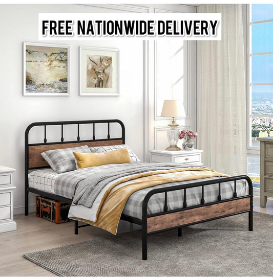 Double Size Metal Bed Frame with Wood Headboard