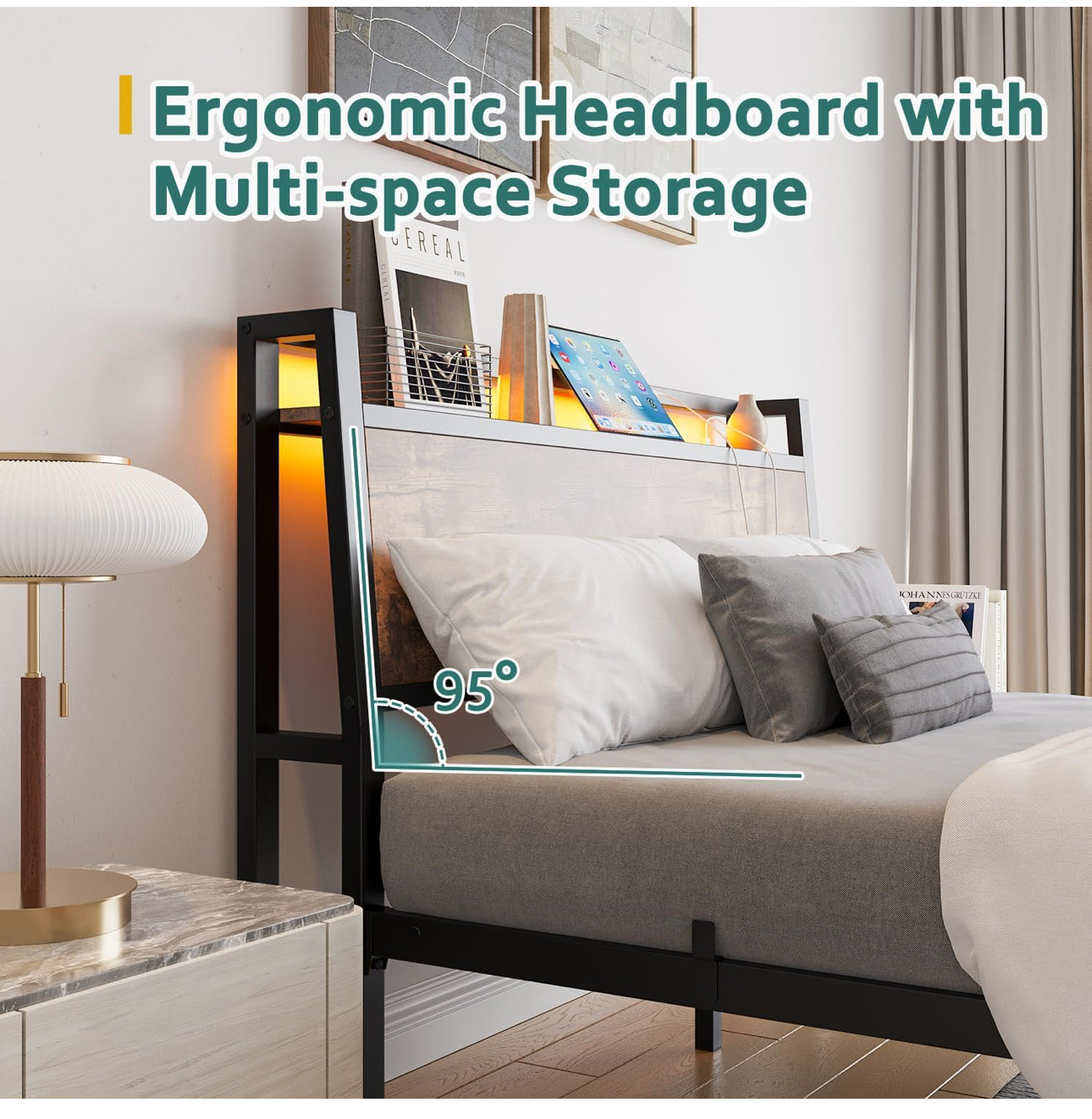 Double Size Bed Frame with Charging Station and LED