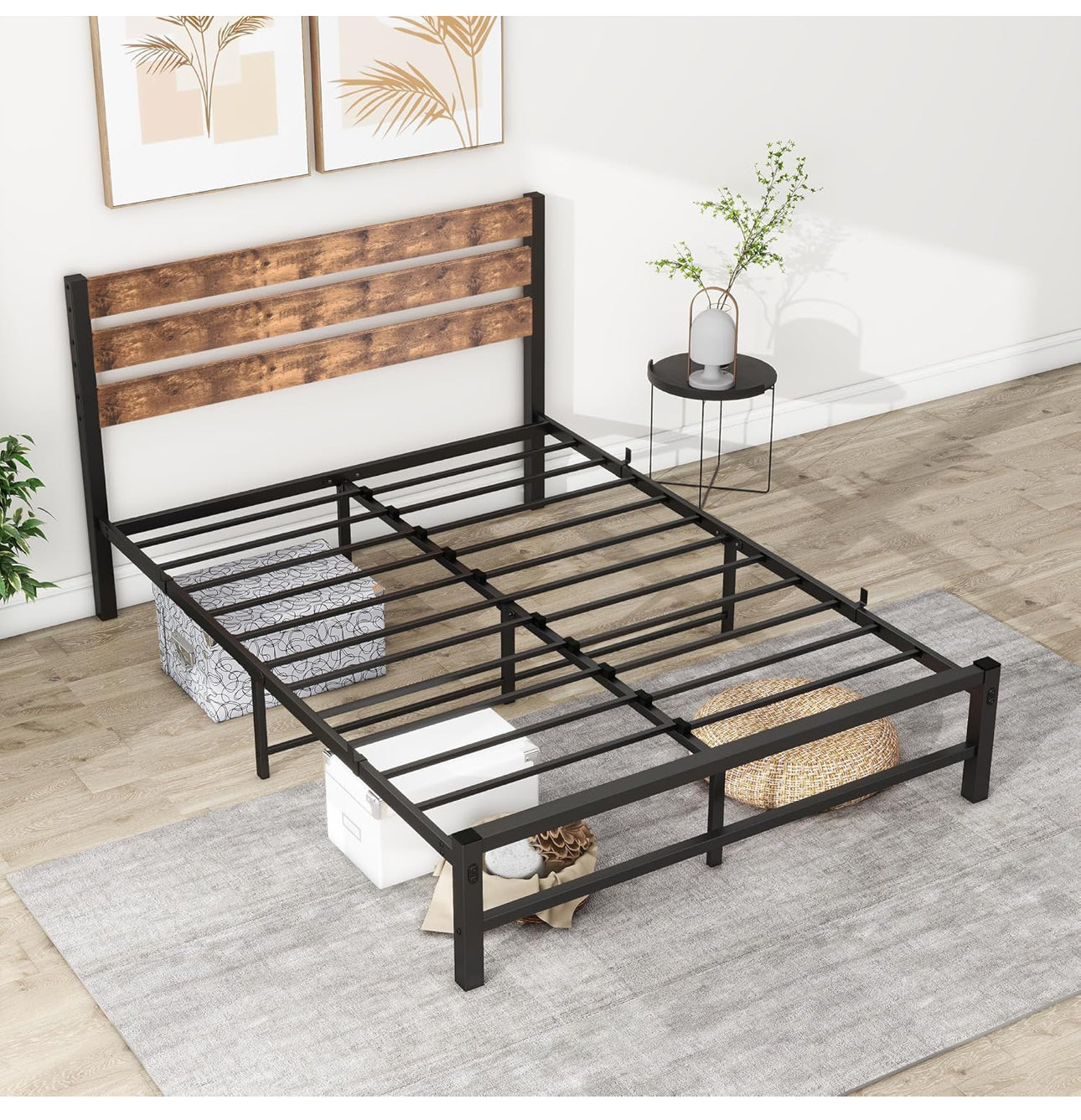 Double Bed Frame with Wood Headboard