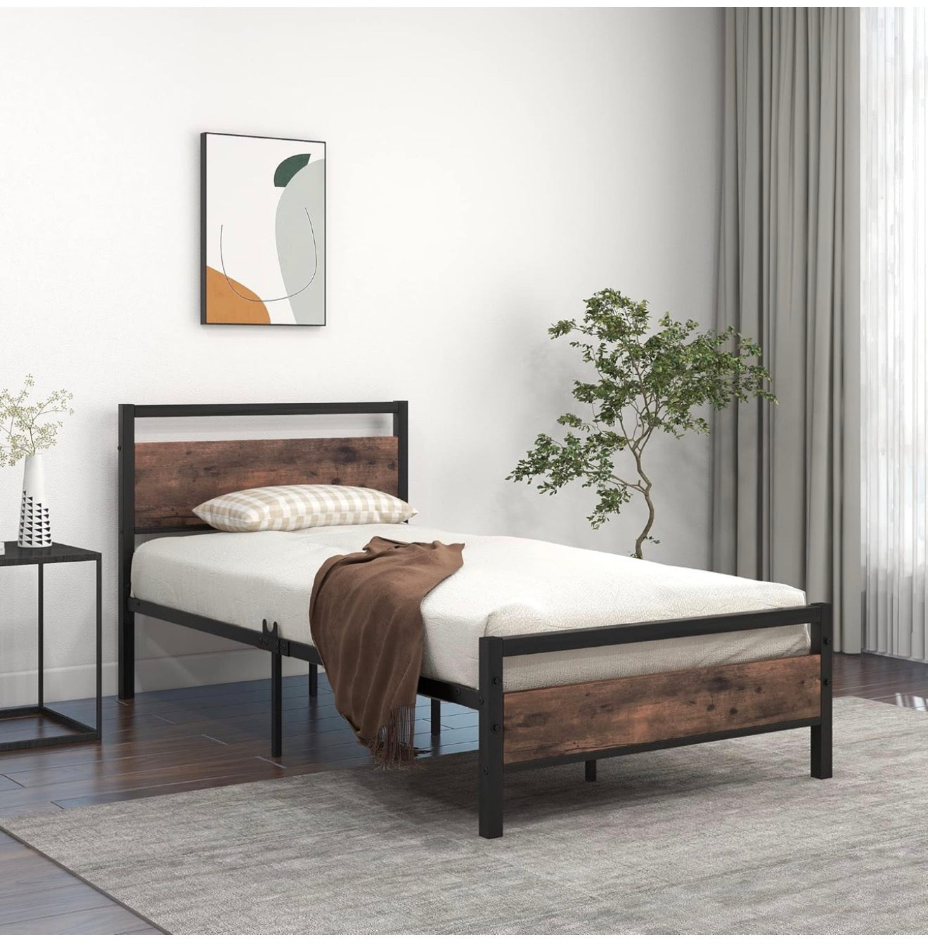 Metal Platform Bed Frame 3 FT Single with Wooden Headboard and Footboard Heavy Duty Steel Support, No Box Spring Needed, Easy Assembly, Black